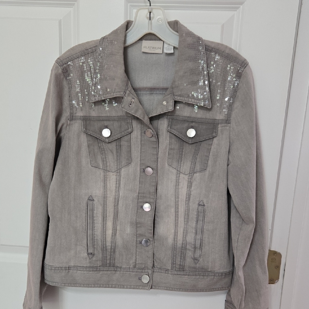 Chico's Silver Embellished Jean Jacket